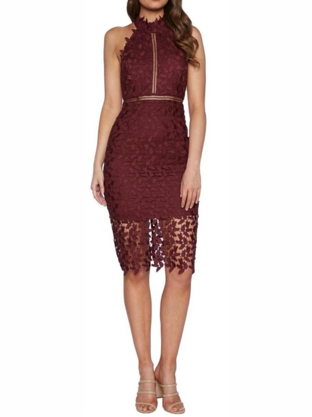 Bardot Burgundy Lace Halter Midi Dress